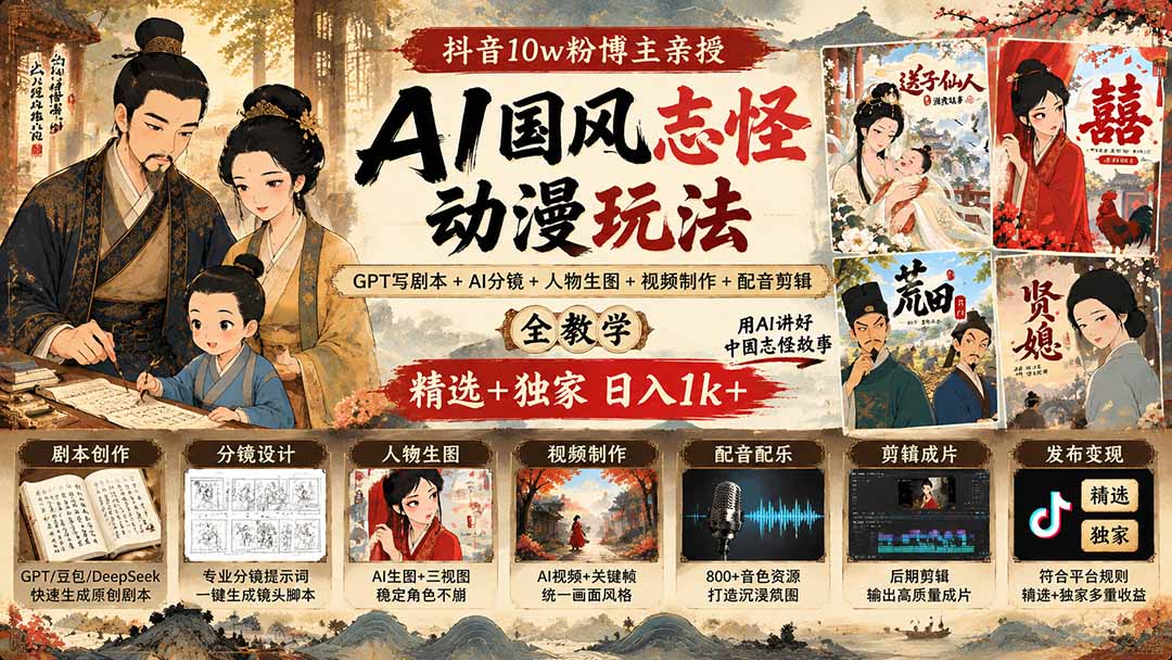 （20538期）抖音10w粉博主亲授AI国风志怪动漫玩法｜GPT写剧本+AI分镜+人物生图+视频制作+配音剪辑全教学｜精选+独家日入1k+瀚萌资源网-网赚网-网赚项目网-虚拟资源网-国学资源网-易学资源网-本站有全网最新网赚项目-易学课程资源-中医课程资源的在线下载网站！瀚萌资源网