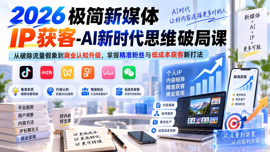 （20272期）2026极简新媒体IP获客-AI新时代思维破局课：从破除流量假象到商业认知升级，掌握精准粉丝与低成本获客新打法瀚萌资源网-网赚网-网赚项目网-虚拟资源网-国学资源网-易学资源网-本站有全网最新网赚项目-易学课程资源-中医课程资源的在线下载网站！瀚萌资源网