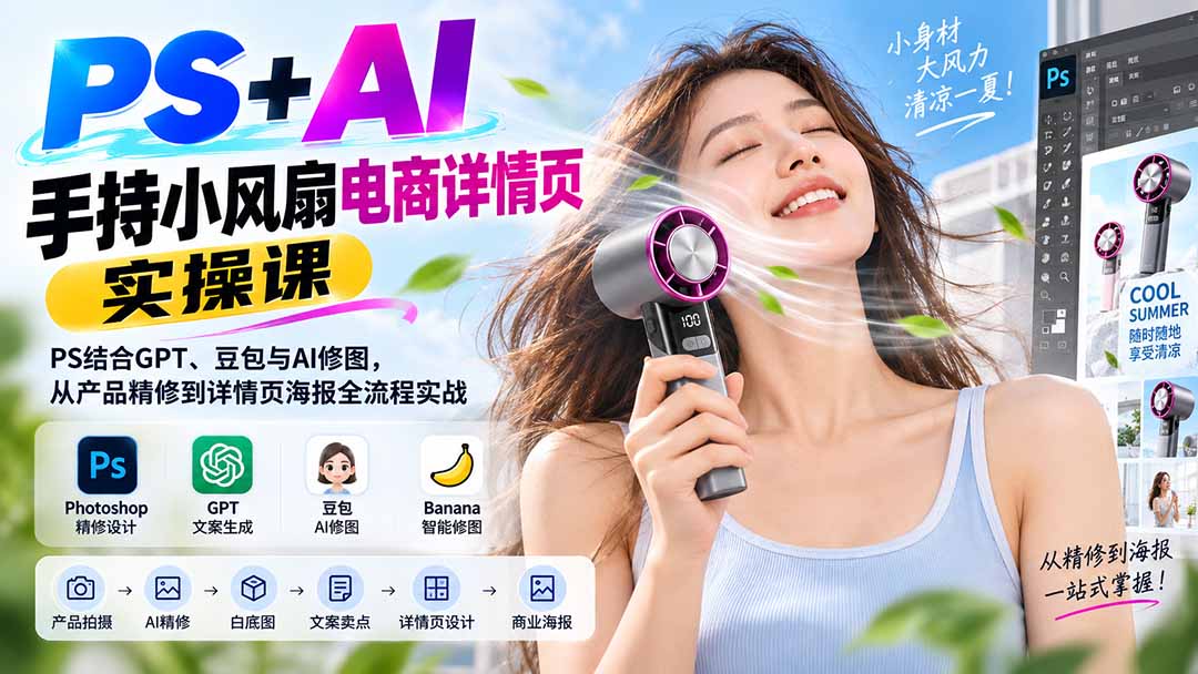 （20273期）PS+AI手持小风扇电商详情页实操课：PS结合GPT、豆包与AI修图，从产品精修到详情页海报全流程实战瀚萌资源网-网赚网-网赚项目网-虚拟资源网-国学资源网-易学资源网-本站有全网最新网赚项目-易学课程资源-中医课程资源的在线下载网站！瀚萌资源网