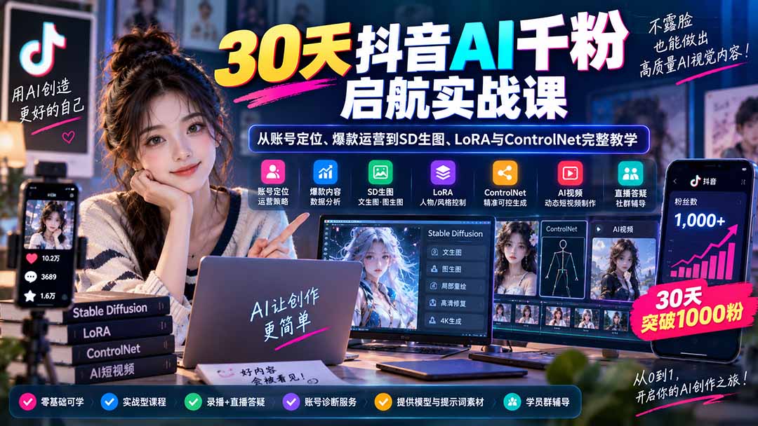 （20291期）30天抖音AI千粉启航实战课：从账号定位、爆款运营到SD生图、LoRA与ControlNet完整教学瀚萌资源网-网赚网-网赚项目网-虚拟资源网-国学资源网-易学资源网-本站有全网最新网赚项目-易学课程资源-中医课程资源的在线下载网站！瀚萌资源网