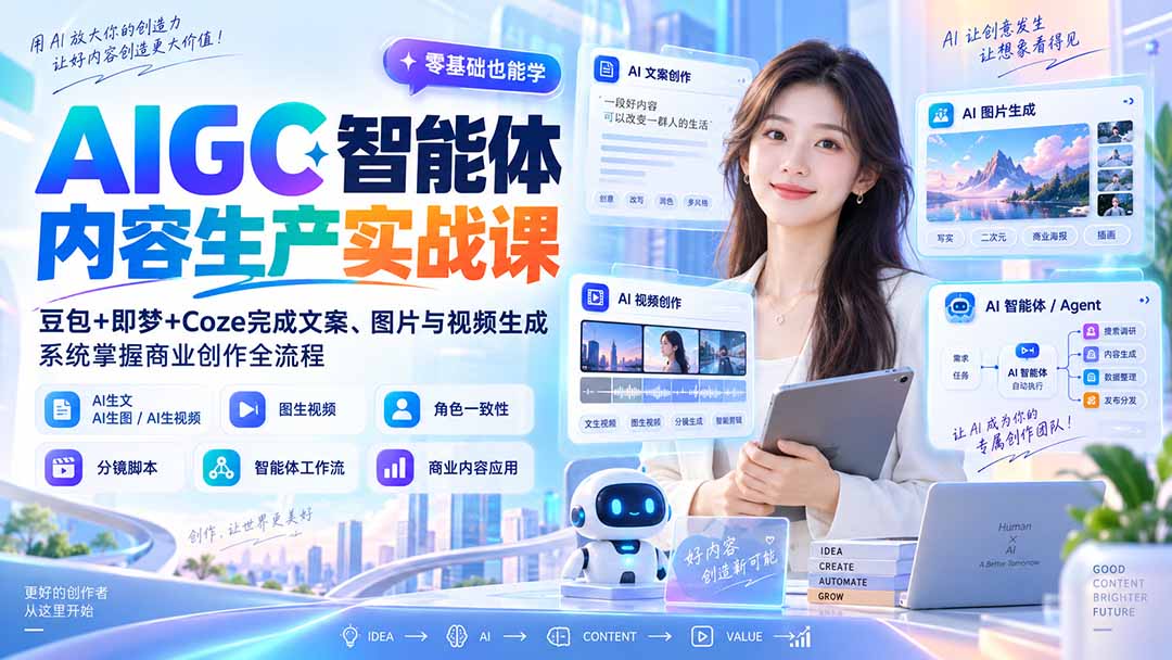 （20372期）AIGC智能体内容生产实战课：豆包+即梦+Coze完成文案、图片与视频生成，系统掌握商业创作全流程瀚萌资源网-网赚网-网赚项目网-虚拟资源网-国学资源网-易学资源网-本站有全网最新网赚项目-易学课程资源-中医课程资源的在线下载网站！瀚萌资源网