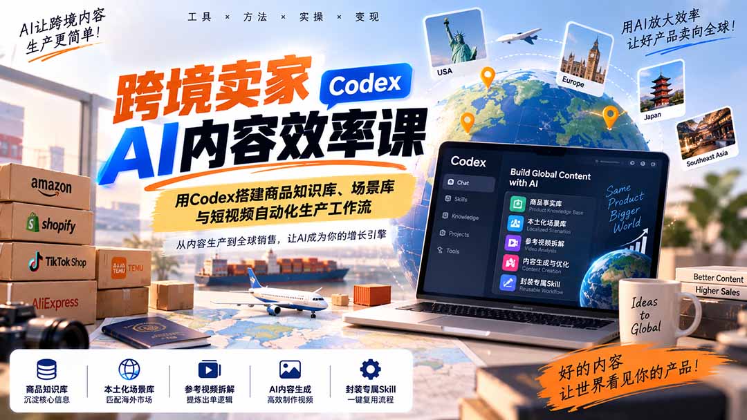 （20595期）跨境卖家AI内容效率课：用Codex搭建商品知识库、场景库与短视频自动化生产工作流瀚萌资源网-网赚网-网赚项目网-虚拟资源网-国学资源网-易学资源网-本站有全网最新网赚项目-易学课程资源-中医课程资源的在线下载网站！瀚萌资源网