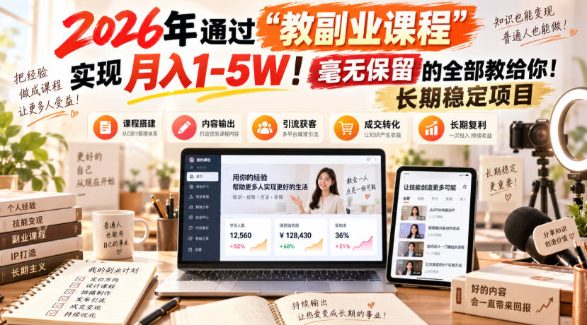 （20468期）2026年通过“教副业课程”实现月入1-5W！毫无保留的全部教给你！长期稳定项目瀚萌资源网-网赚网-网赚项目网-虚拟资源网-国学资源网-易学资源网-本站有全网最新网赚项目-易学课程资源-中医课程资源的在线下载网站！瀚萌资源网