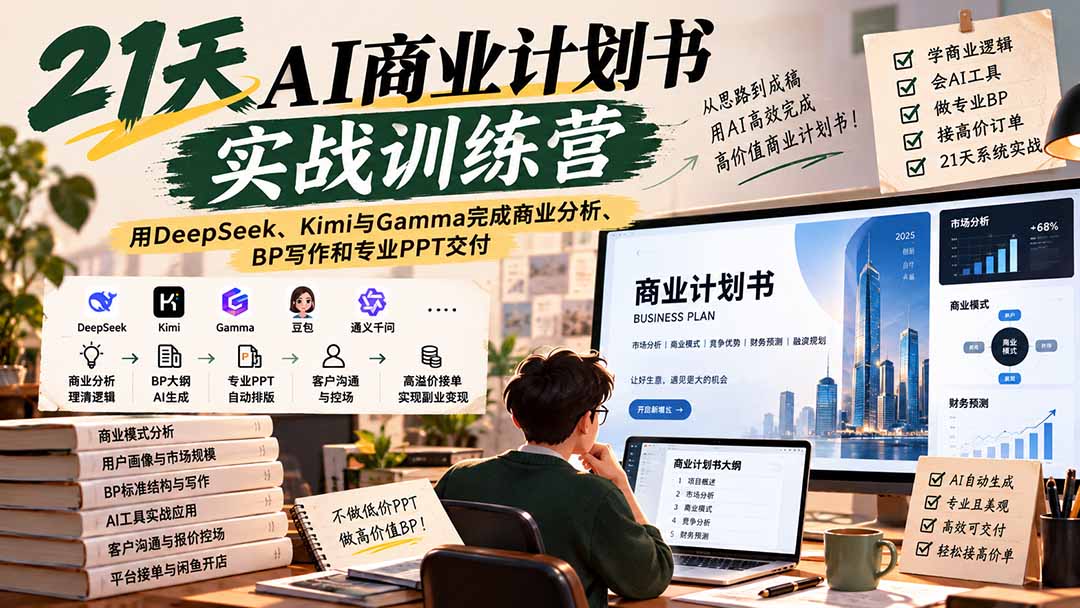 （20637期）【无水印】21天AI商业计划书实战训练营：用DeepSeek、Kimi与Gamma完成商业分析、BP写作和专业PPT交付瀚萌资源网-网赚网-网赚项目网-虚拟资源网-国学资源网-易学资源网-本站有全网最新网赚项目-易学课程资源-中医课程资源的在线下载网站！瀚萌资源网