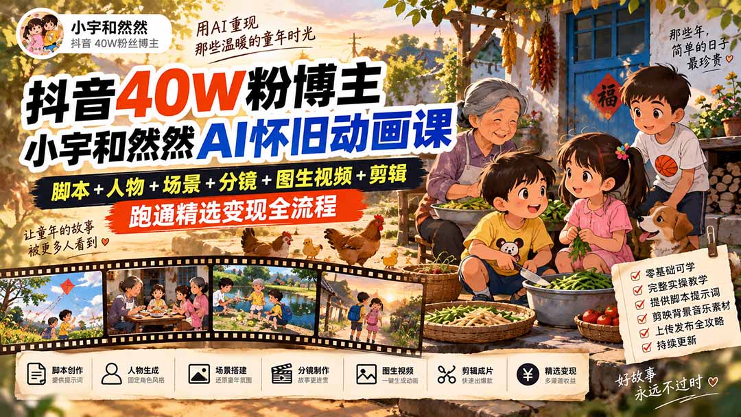 （20549期）抖音40W粉博主小宇和然然AI怀旧动画课｜脚本+人物+场景+分镜+图生视频+剪辑，跑通精选变现全流程瀚萌资源网-网赚网-网赚项目网-虚拟资源网-国学资源网-易学资源网-本站有全网最新网赚项目-易学课程资源-中医课程资源的在线下载网站！瀚萌资源网
