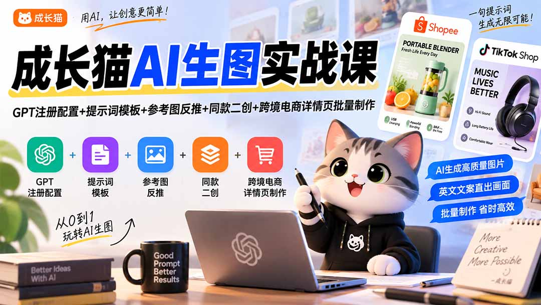 （20482期）成长猫AI生图实战课｜GPT注册配置+提示词模板+参考图反推+同款二创+跨境电商详情页批量制作瀚萌资源网-网赚网-网赚项目网-虚拟资源网-国学资源网-易学资源网-本站有全网最新网赚项目-易学课程资源-中医课程资源的在线下载网站！瀚萌资源网