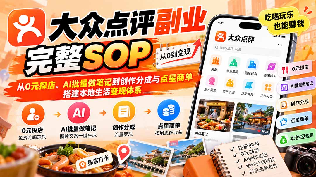 （20638期）【无水印】大众点评副业完整SOP：从0元探店、AI批量做笔记到创作分成与点星商单，搭建本地生活变现体系瀚萌资源网-网赚网-网赚项目网-虚拟资源网-国学资源网-易学资源网-本站有全网最新网赚项目-易学课程资源-中医课程资源的在线下载网站！瀚萌资源网