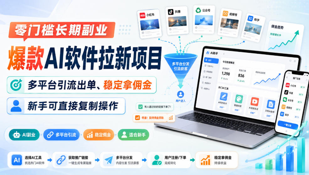 零门槛长期副业，爆款AI软件拉新项目，多平台引流出单、稳定拿佣金，新手可直接复制操作瀚萌资源网-网赚网-网赚项目网-虚拟资源网-国学资源网-易学资源网-本站有全网最新网赚项目-易学课程资源-中医课程资源的在线下载网站！瀚萌资源网