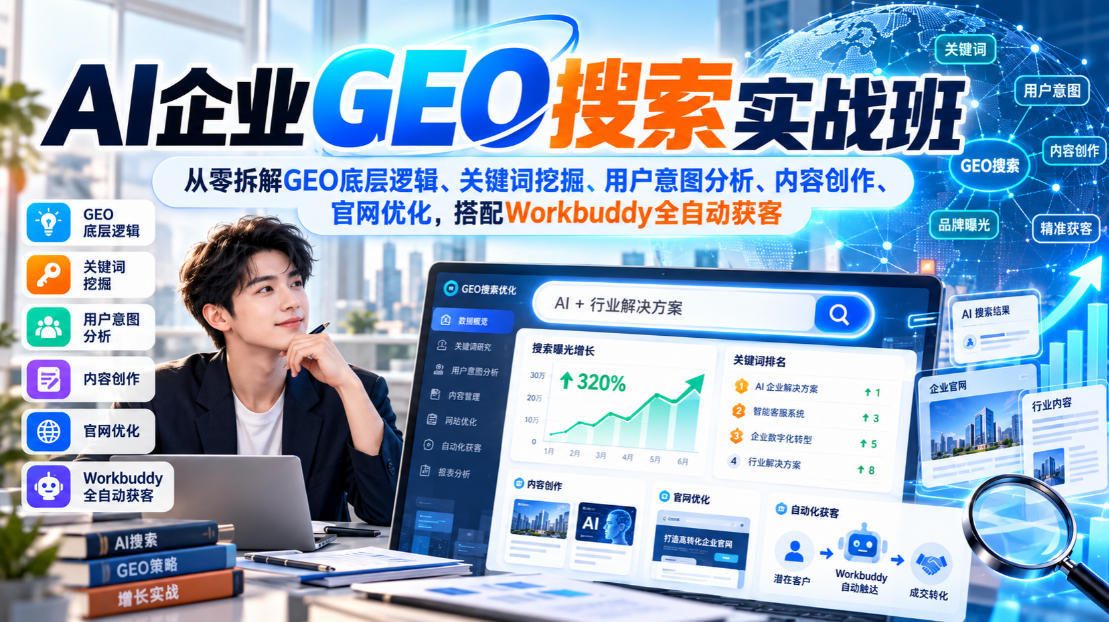 AI企业GEO搜索实战班，从零拆解GEO底层逻辑、关键词挖掘、用户意图分析、内容创作、官网优化，搭配Workbuddy全自动获客瀚萌资源网-网赚网-网赚项目网-虚拟资源网-国学资源网-易学资源网-本站有全网最新网赚项目-易学课程资源-中医课程资源的在线下载网站！瀚萌资源网
