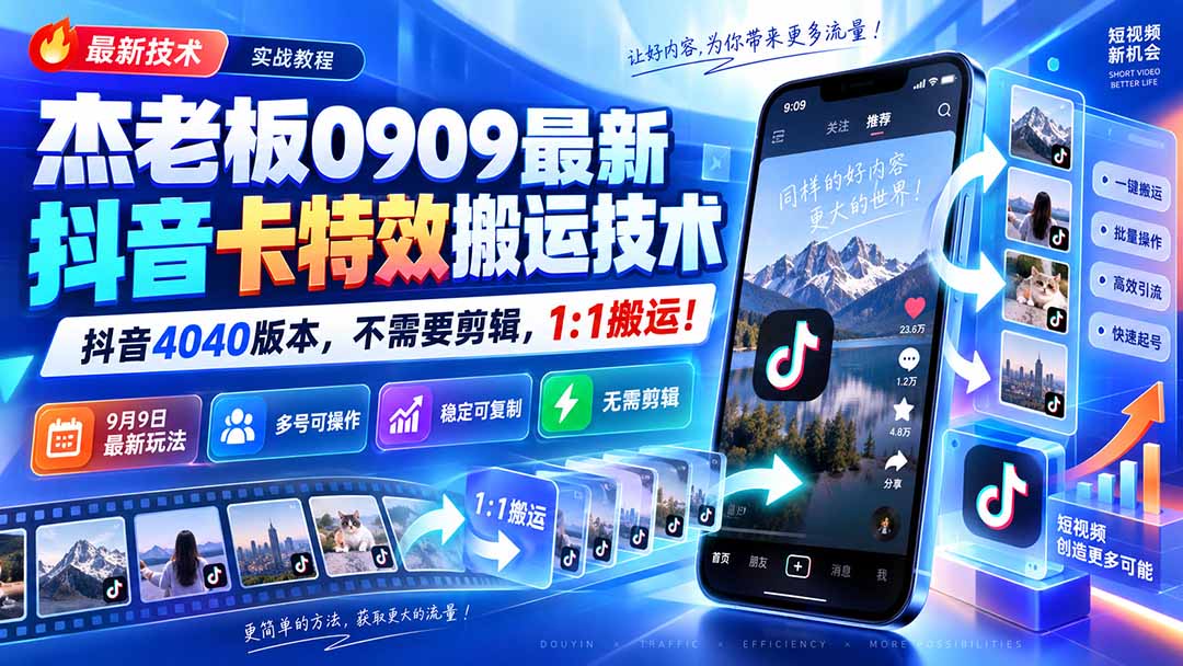 （20369期）杰老板0909最新抖音卡特效搬运技术，抖音4040版本，不需要剪辑，1:1搬运！瀚萌资源网-网赚网-网赚项目网-虚拟资源网-国学资源网-易学资源网-本站有全网最新网赚项目-易学课程资源-中医课程资源的在线下载网站！瀚萌资源网