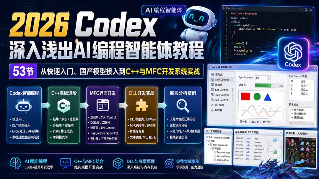 （20221期）2026 Codex深入浅出AI编程智能体教程：53节从快速入门、国产模型接入到C++与MFC开发系统实战瀚萌资源网-网赚网-网赚项目网-虚拟资源网-国学资源网-易学资源网-本站有全网最新网赚项目-易学课程资源-中医课程资源的在线下载网站！瀚萌资源网