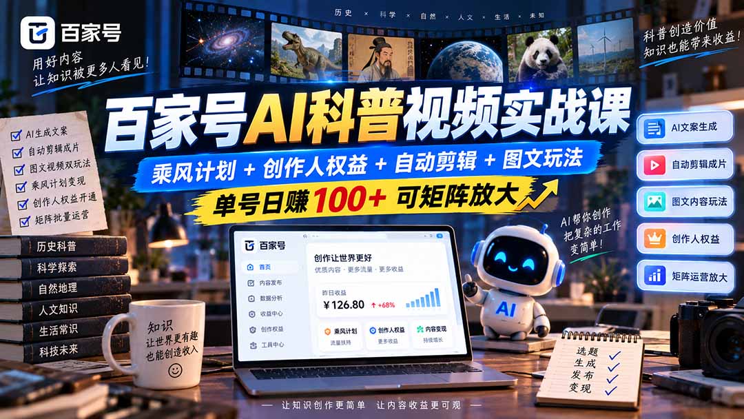 （20579期）百家号AI科普视频实战课：乘风计划+创作人权益+自动剪辑+图文玩法，单号日赚100+可矩阵放大瀚萌资源网-网赚网-网赚项目网-虚拟资源网-国学资源网-易学资源网-本站有全网最新网赚项目-易学课程资源-中医课程资源的在线下载网站！瀚萌资源网