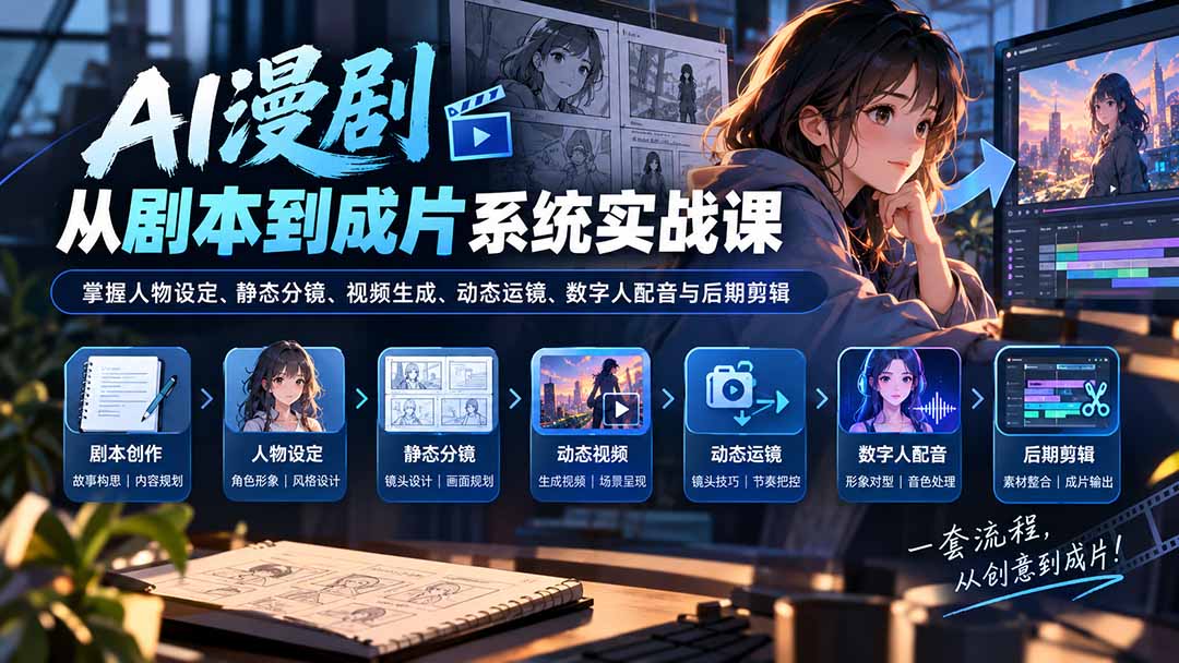 （20375期）AI漫剧从剧本到成片系统实战课：掌握人物设定、静态分镜、视频生成、动态运镜、数字人配音与后期剪辑瀚萌资源网-网赚网-网赚项目网-虚拟资源网-国学资源网-易学资源网-本站有全网最新网赚项目-易学课程资源-中医课程资源的在线下载网站！瀚萌资源网