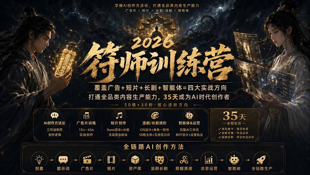 （20180期）符师训练营-35天成为AI时代创作者，广告+短片+漫剧+智能体四大实战方向，掌握从创意到上线的完整工作流瀚萌资源网-网赚网-网赚项目网-虚拟资源网-国学资源网-易学资源网-本站有全网最新网赚项目-易学课程资源-中医课程资源的在线下载网站！瀚萌资源网