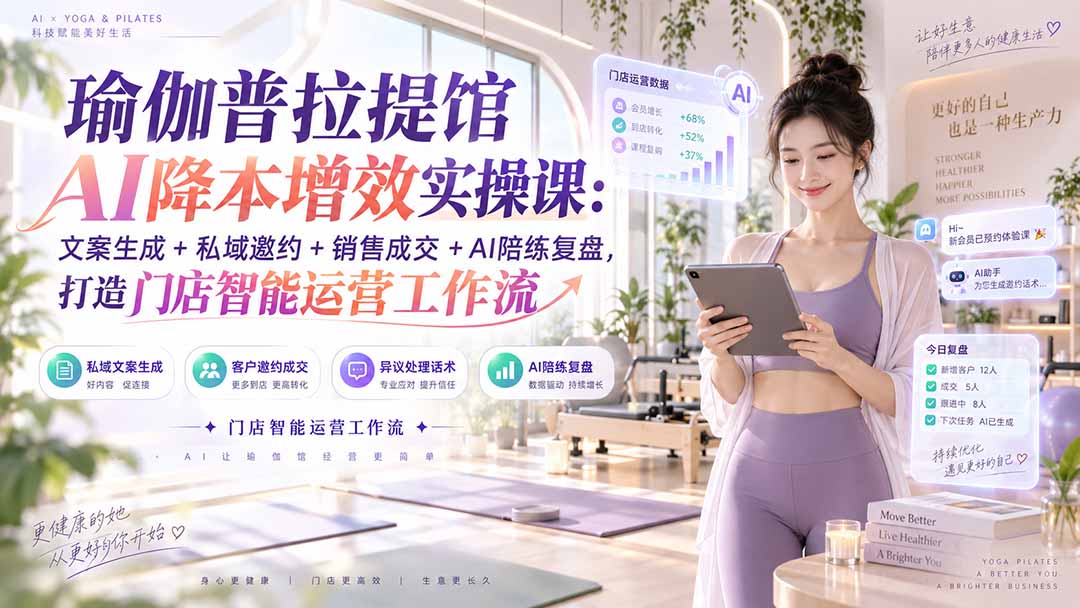 （20340期）瑜伽普拉提馆AI降本增效实操课：文案生成+私域邀约+销售成交+AI陪练复盘，打造门店智能运营工作流瀚萌资源网-网赚网-网赚项目网-虚拟资源网-国学资源网-易学资源网-本站有全网最新网赚项目-易学课程资源-中医课程资源的在线下载网站！瀚萌资源网