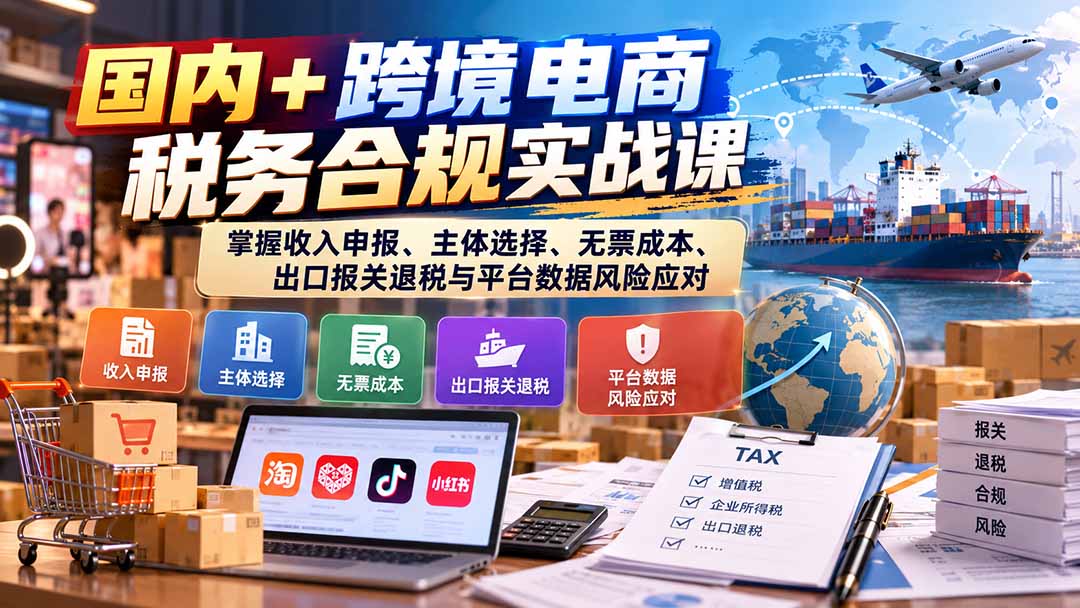 （20686期）国内+跨境电商税务合规实战课：掌握收入申报、主体选择、无票成本、出口报关退税与平台数据风险应对瀚萌资源网-网赚网-网赚项目网-虚拟资源网-国学资源网-易学资源网-本站有全网最新网赚项目-易学课程资源-中医课程资源的在线下载网站！瀚萌资源网