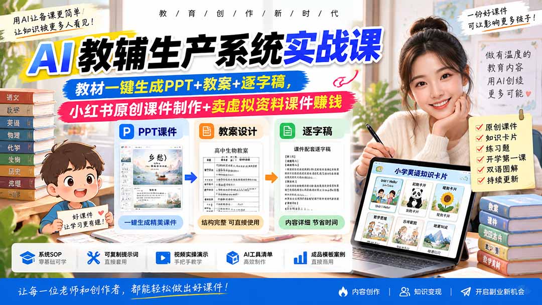 （20542期）AI教辅生产系统实战课｜教材一键生成PPT+教案+逐字稿，小红书原创课件制作+卖虚拟资料课件赚钱瀚萌资源网-网赚网-网赚项目网-虚拟资源网-国学资源网-易学资源网-本站有全网最新网赚项目-易学课程资源-中医课程资源的在线下载网站！瀚萌资源网