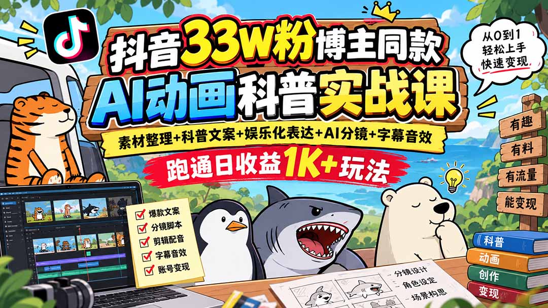 （20510期）抖音33W粉博主同款AI动画科普实战课｜素材整理+科普文案+娱乐化表达+AI分镜+字幕音效，跑通日收益1K+玩法瀚萌资源网-网赚网-网赚项目网-虚拟资源网-国学资源网-易学资源网-本站有全网最新网赚项目-易学课程资源-中医课程资源的在线下载网站！瀚萌资源网