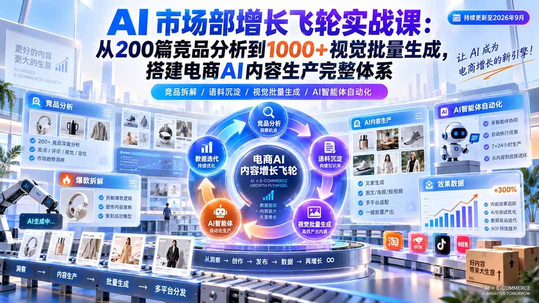 （20436期）AI 市场部增长飞轮实战课：从200篇竞品分析到1000+视觉批量生成，搭建电商AI内容生产完整体系瀚萌资源网-网赚网-网赚项目网-虚拟资源网-国学资源网-易学资源网-本站有全网最新网赚项目-易学课程资源-中医课程资源的在线下载网站！瀚萌资源网