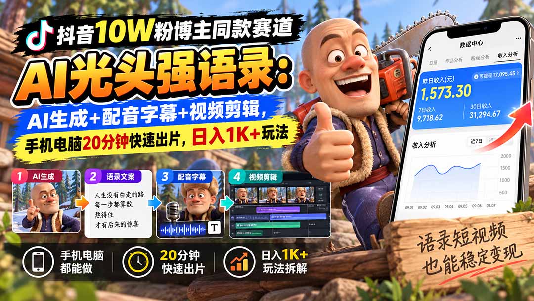 （20687期）【无水印】抖音10W粉博主同款赛道AI光头强语录：AI生成+配音字幕+视频剪辑，手机电脑20分钟快速出片，日入1K+玩法瀚萌资源网-网赚网-网赚项目网-虚拟资源网-国学资源网-易学资源网-本站有全网最新网赚项目-易学课程资源-中医课程资源的在线下载网站！瀚萌资源网
