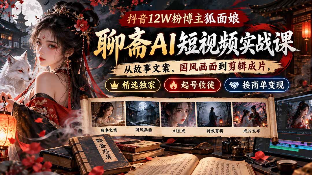 （20639期）抖音12W粉博主狐面娘-聊斋AI短视频实战课：从故事文案、国风画面到剪辑成片，精选独家+起号收徒+接商单变现瀚萌资源网-网赚网-网赚项目网-虚拟资源网-国学资源网-易学资源网-本站有全网最新网赚项目-易学课程资源-中医课程资源的在线下载网站！瀚萌资源网