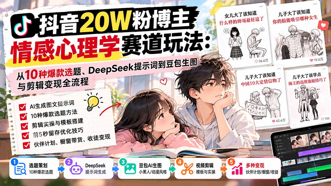 （20688期）抖音20W粉博主-情感心理学赛道玩法：从10种爆款选题、DeepSeek提示词到豆包生图与剪辑变现全流程瀚萌资源网-网赚网-网赚项目网-虚拟资源网-国学资源网-易学资源网-本站有全网最新网赚项目-易学课程资源-中医课程资源的在线下载网站！瀚萌资源网