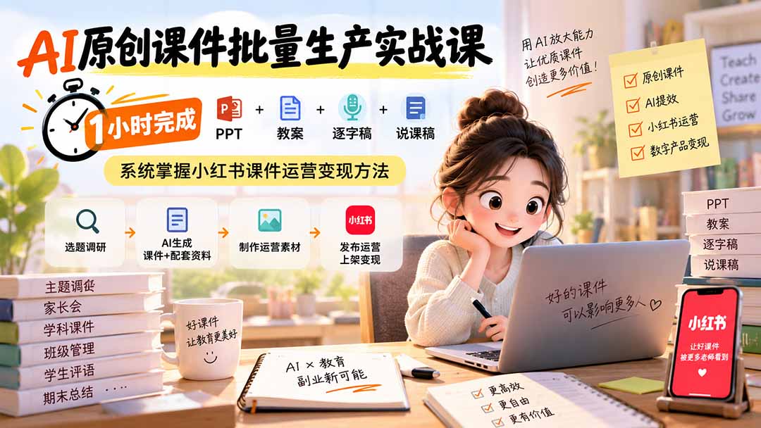 （20351期）AI原创课件批量生产实战课：1小时完成PPT+教案+逐字稿+说课稿，系统掌握小红书课件运营变现方法瀚萌资源网-网赚网-网赚项目网-虚拟资源网-国学资源网-易学资源网-本站有全网最新网赚项目-易学课程资源-中医课程资源的在线下载网站！瀚萌资源网