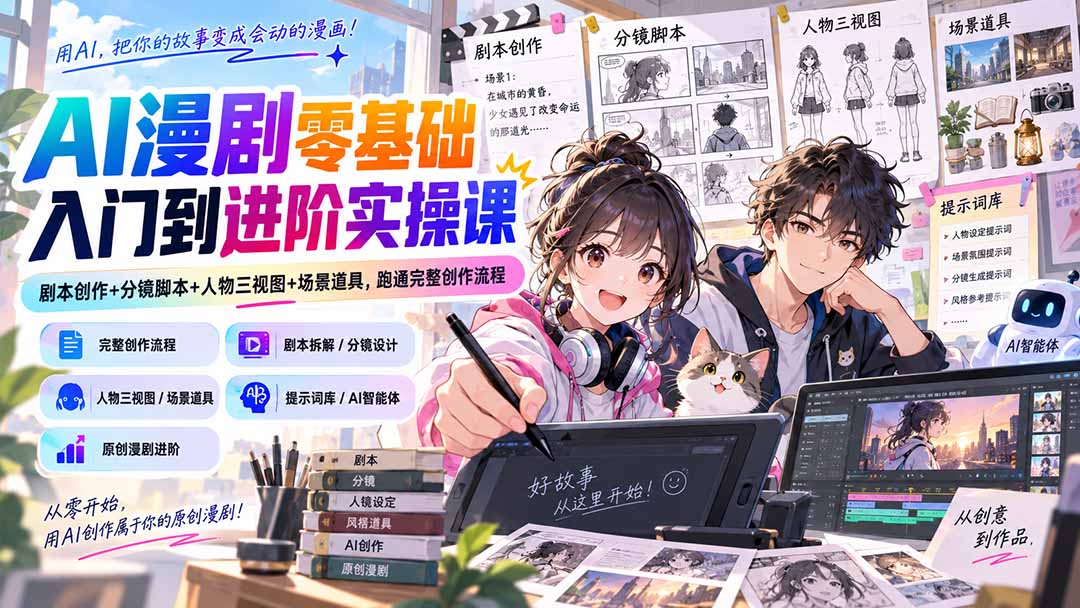 （20352期）AI漫剧零基础入门到进阶实操课：剧本创作+分镜脚本+人物三视图+场景道具，跑通完整创作流程瀚萌资源网-网赚网-网赚项目网-虚拟资源网-国学资源网-易学资源网-本站有全网最新网赚项目-易学课程资源-中医课程资源的在线下载网站！瀚萌资源网
