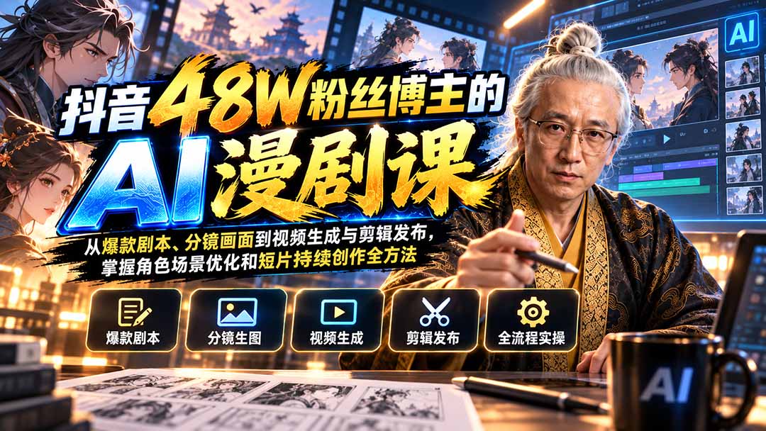 （20353期）抖音48W粉丝博主的AI漫剧课：从爆款剧本、分镜画面到视频生成与剪辑发布，掌握角色场景优化和短片持续创作全方法瀚萌资源网-网赚网-网赚项目网-虚拟资源网-国学资源网-易学资源网-本站有全网最新网赚项目-易学课程资源-中医课程资源的在线下载网站！瀚萌资源网