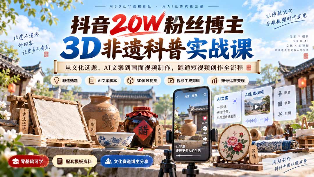 （20356期）抖音20W粉丝博主3D非遗科普实战课：从文化选题、AI文案到画面视频制作，跑通短视频创作全流程瀚萌资源网-网赚网-网赚项目网-虚拟资源网-国学资源网-易学资源网-本站有全网最新网赚项目-易学课程资源-中医课程资源的在线下载网站！瀚萌资源网