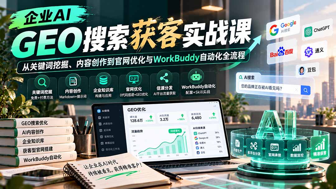 （20643期）企业AI GEO搜索获客实战课：从关键词挖掘、内容创作到官网优化与WorkBuddy自动化全流程瀚萌资源网-网赚网-网赚项目网-虚拟资源网-国学资源网-易学资源网-本站有全网最新网赚项目-易学课程资源-中医课程资源的在线下载网站！瀚萌资源网