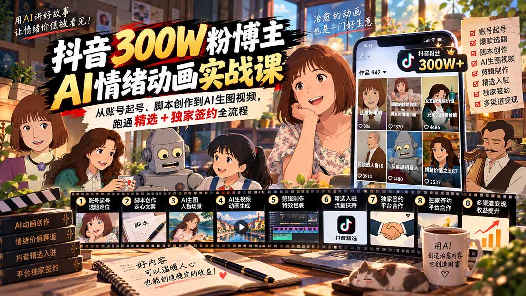 （20616期）抖音300W粉博主AI情绪动画实战课：从账号起号、脚本创作到AI生图视频，跑通精选+独家签约全流程瀚萌资源网-网赚网-网赚项目网-虚拟资源网-国学资源网-易学资源网-本站有全网最新网赚项目-易学课程资源-中医课程资源的在线下载网站！瀚萌资源网