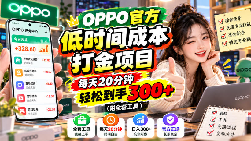 OPPO官方低时间成本打金项目，每天20分钟，轻松到手300+（附全套工具）【揭秘】瀚萌资源网-网赚网-网赚项目网-虚拟资源网-国学资源网-易学资源网-本站有全网最新网赚项目-易学课程资源-中医课程资源的在线下载网站！瀚萌资源网