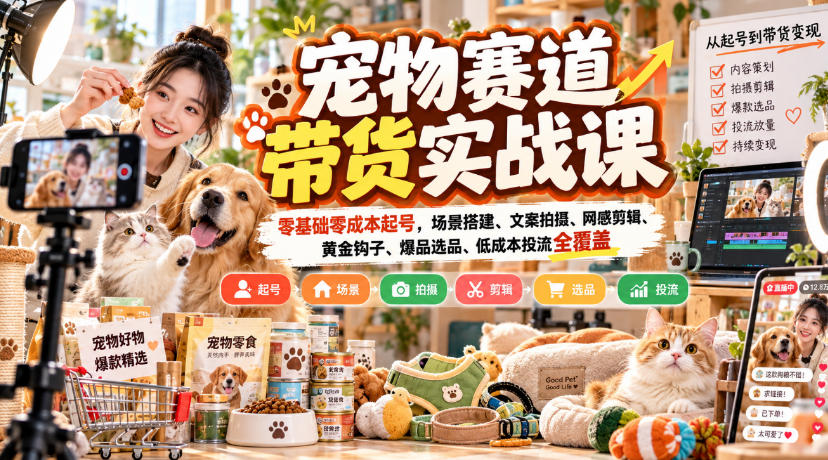 宠物赛道带货实战课，零基础零成本起号，场景搭建、文案拍摄、网感剪辑、黄金钩子、爆品选品、低成本投流全覆盖瀚萌资源网-网赚网-网赚项目网-虚拟资源网-国学资源网-易学资源网-本站有全网最新网赚项目-易学课程资源-中医课程资源的在线下载网站！瀚萌资源网