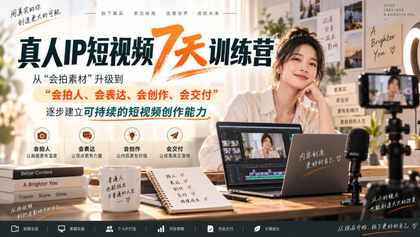 真人IP短视频7天训练营，从“会拍素材”升级到“会拍人、会表达、会创作、会交付”，逐步建立可持续的短视频创作能力瀚萌资源网-网赚网-网赚项目网-虚拟资源网-国学资源网-易学资源网-本站有全网最新网赚项目-易学课程资源-中医课程资源的在线下载网站！瀚萌资源网