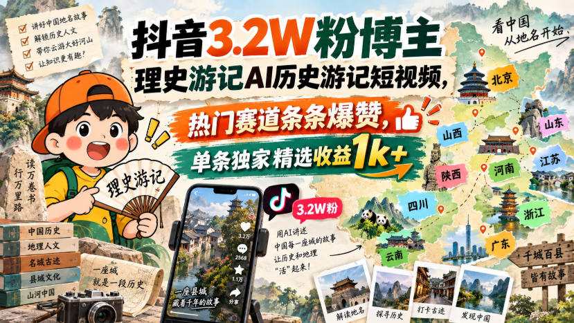 抖音3.2W粉博主理史游记AI历史游记短视频教学，热门赛道条条爆赞，单条独家精选收益1k+瀚萌资源网-网赚网-网赚项目网-虚拟资源网-国学资源网-易学资源网-本站有全网最新网赚项目-易学课程资源-中医课程资源的在线下载网站！瀚萌资源网