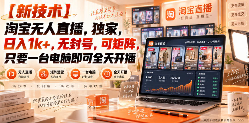 【独家新技术】淘宝无人直播，日入1k+，无封号，可矩阵，只要一台电脑即可全天开播【揭秘】瀚萌资源网-网赚网-网赚项目网-虚拟资源网-国学资源网-易学资源网-本站有全网最新网赚项目-易学课程资源-中医课程资源的在线下载网站！瀚萌资源网