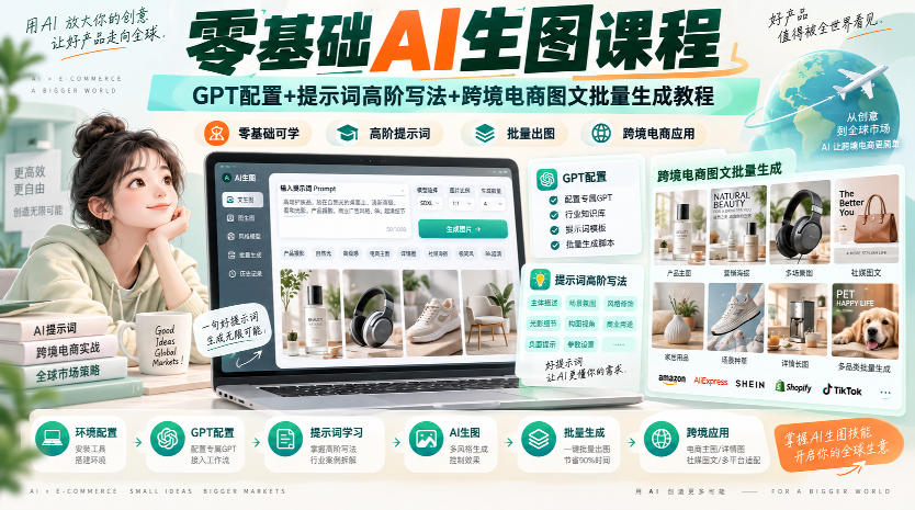 零基础AI生图课程，GPT配置+提示词高阶写法+跨境电商图文批量生成教程瀚萌资源网-网赚网-网赚项目网-虚拟资源网-国学资源网-易学资源网-本站有全网最新网赚项目-易学课程资源-中医课程资源的在线下载网站！瀚萌资源网