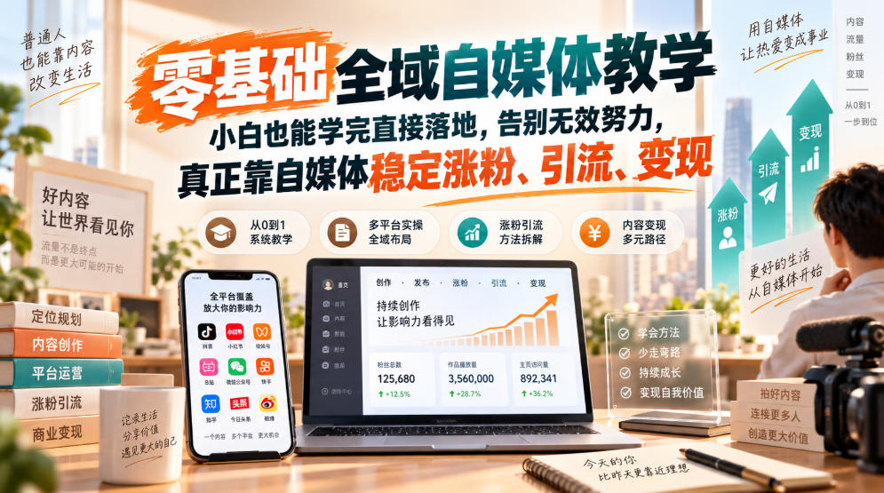 零基础全域自媒体教学，小白也能学完直接落地，告别无效努力，真正靠自媒体稳定涨粉、引流、变现瀚萌资源网-网赚网-网赚项目网-虚拟资源网-国学资源网-易学资源网-本站有全网最新网赚项目-易学课程资源-中医课程资源的在线下载网站！瀚萌资源网