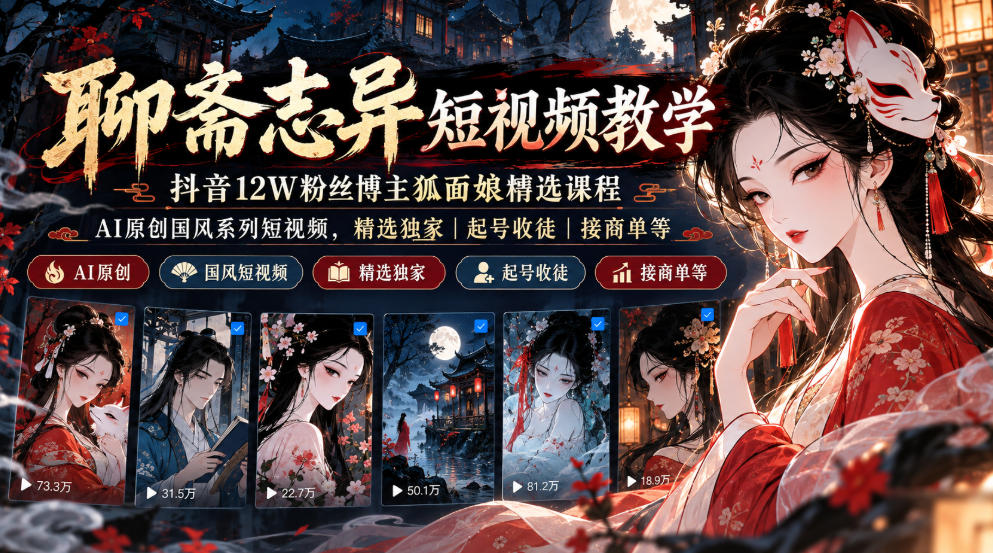 聊斋志异短视频教学，抖音12W粉丝博主狐面娘精选课程，AI原创国风系列短视频，精选独家丨起号收徒丨接商单等瀚萌资源网-网赚网-网赚项目网-虚拟资源网-国学资源网-易学资源网-本站有全网最新网赚项目-易学课程资源-中医课程资源的在线下载网站！瀚萌资源网