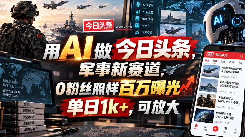 用AI做今日头条，军事新赛道，0粉丝照样百万曝光，单日1k+，可放大瀚萌资源网-网赚网-网赚项目网-虚拟资源网-国学资源网-易学资源网-本站有全网最新网赚项目-易学课程资源-中医课程资源的在线下载网站！瀚萌资源网
