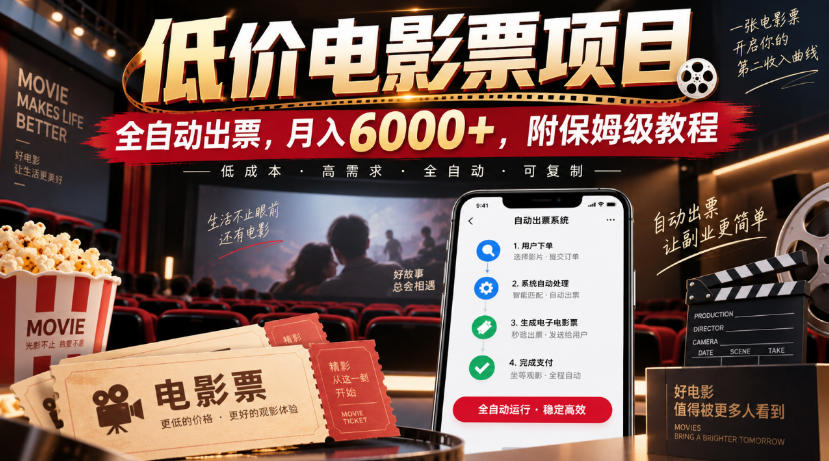 低价电影票项目，全自动出票，月入6000+，附保姆级教程【揭秘】瀚萌资源网-网赚网-网赚项目网-虚拟资源网-国学资源网-易学资源网-本站有全网最新网赚项目-易学课程资源-中医课程资源的在线下载网站！瀚萌资源网