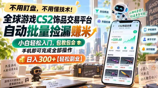 全球游戏CS2饰品交易平台自动批量捡漏賺米，小白轻松入门，包教包会，手机即可完成全部操作，日入300+【揭秘】瀚萌资源网-网赚网-网赚项目网-虚拟资源网-国学资源网-易学资源网-本站有全网最新网赚项目-易学课程资源-中医课程资源的在线下载网站！瀚萌资源网