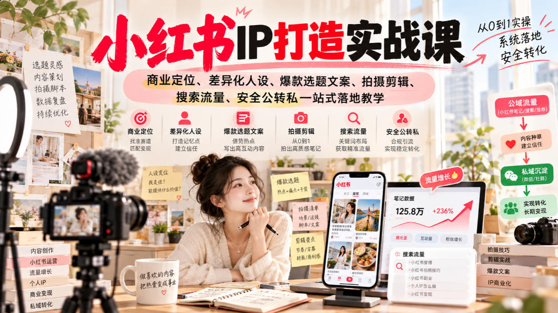 小红书ip打造实战课，商业定位、差异化人设、爆款选题文案、拍摄剪辑、搜索流量、安全公转私一站式落地教学瀚萌资源网-网赚网-网赚项目网-虚拟资源网-国学资源网-易学资源网-本站有全网最新网赚项目-易学课程资源-中医课程资源的在线下载网站！瀚萌资源网