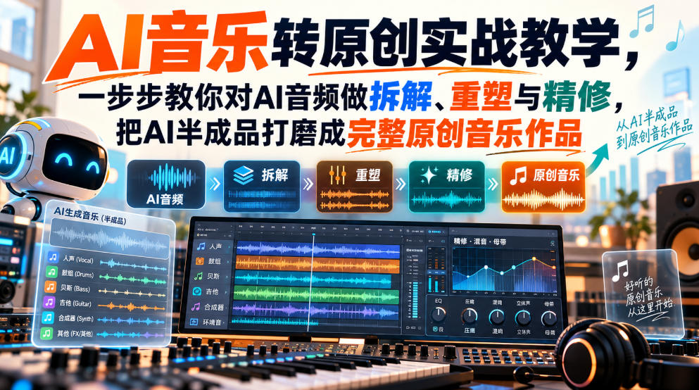 AI音乐转原创实战教学，一步步教你对AI音频做拆解、重塑与精修，把AI半成品打磨成完整原创音乐作品瀚萌资源网-网赚网-网赚项目网-虚拟资源网-国学资源网-易学资源网-本站有全网最新网赚项目-易学课程资源-中医课程资源的在线下载网站！瀚萌资源网