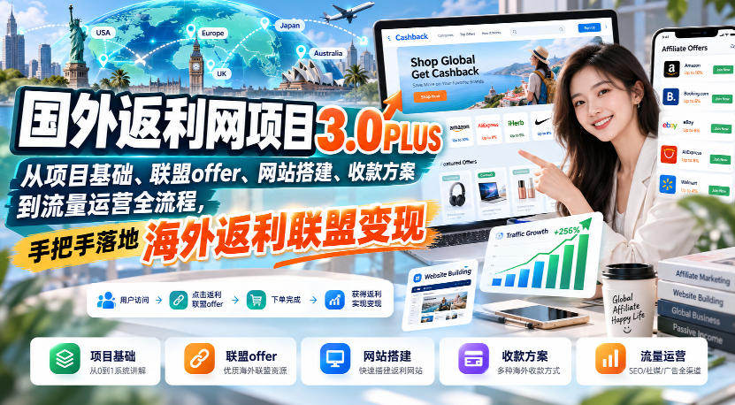 国外返利网项目3.0PLUS，从项目基础、联盟offer、网站搭建、收款方案到流量运营全流程，手把手落地海外返利联盟变现瀚萌资源网-网赚网-网赚项目网-虚拟资源网-国学资源网-易学资源网-本站有全网最新网赚项目-易学课程资源-中医课程资源的在线下载网站！瀚萌资源网