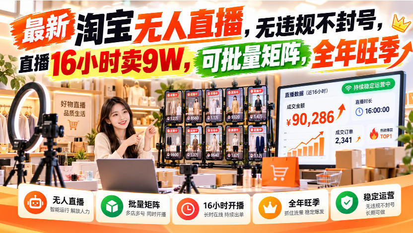 最新淘宝无人直播，无违规不封号，直播16小时卖9W，可批量矩阵，全年旺季【揭秘】瀚萌资源网-网赚网-网赚项目网-虚拟资源网-国学资源网-易学资源网-本站有全网最新网赚项目-易学课程资源-中医课程资源的在线下载网站！瀚萌资源网