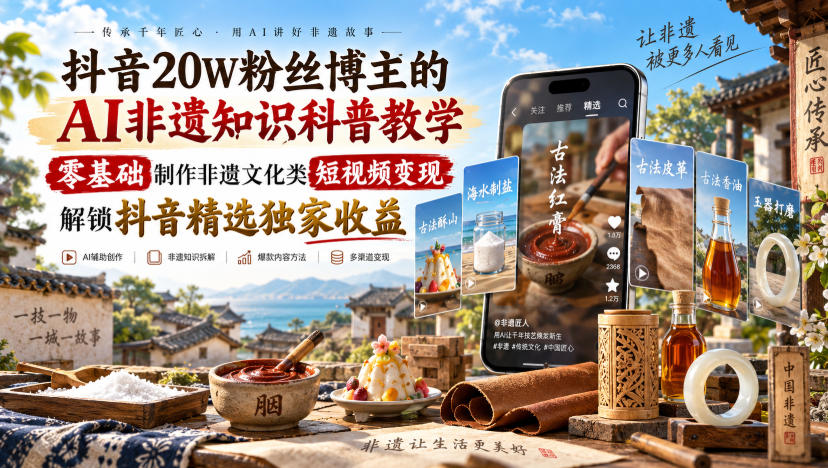 抖音20W粉丝博主的AI非遗知识科普教学，零基础制作非遗文化类短视频变现，解锁抖音精选独家收益瀚萌资源网-网赚网-网赚项目网-虚拟资源网-国学资源网-易学资源网-本站有全网最新网赚项目-易学课程资源-中医课程资源的在线下载网站！瀚萌资源网