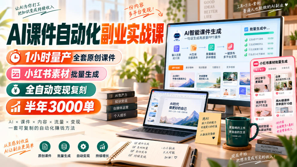 AI课件自动化副业实战课，1小时量产全套原创课件，小红书素材批量生成，全自动变现复刻，半年3000单瀚萌资源网-网赚网-网赚项目网-虚拟资源网-国学资源网-易学资源网-本站有全网最新网赚项目-易学课程资源-中医课程资源的在线下载网站！瀚萌资源网