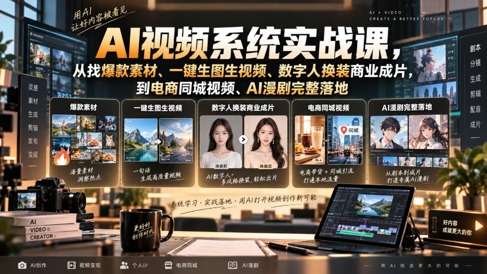 AI视频系统实战课，从找爆款素材、一键生图生视频、数字人换装商业成片，到电商同城视频、AI漫剧完整落地瀚萌资源网-网赚网-网赚项目网-虚拟资源网-国学资源网-易学资源网-本站有全网最新网赚项目-易学课程资源-中医课程资源的在线下载网站！瀚萌资源网